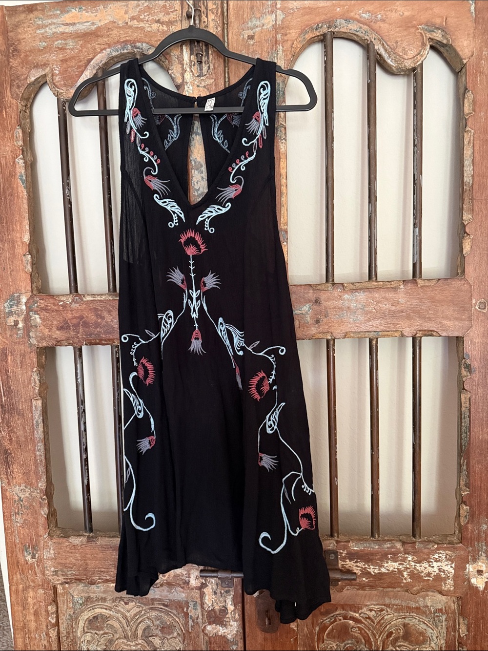 Free People Black Mini Dress with Pink & Light Blue Embroidery